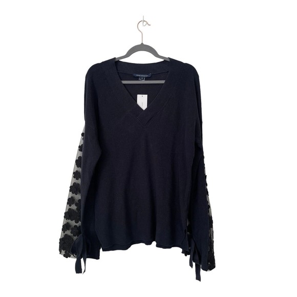 French Connection Caballo Lace Sweater NWT Blue-Black Size M V-Neck Long Sleeve - Picture 2 of 12